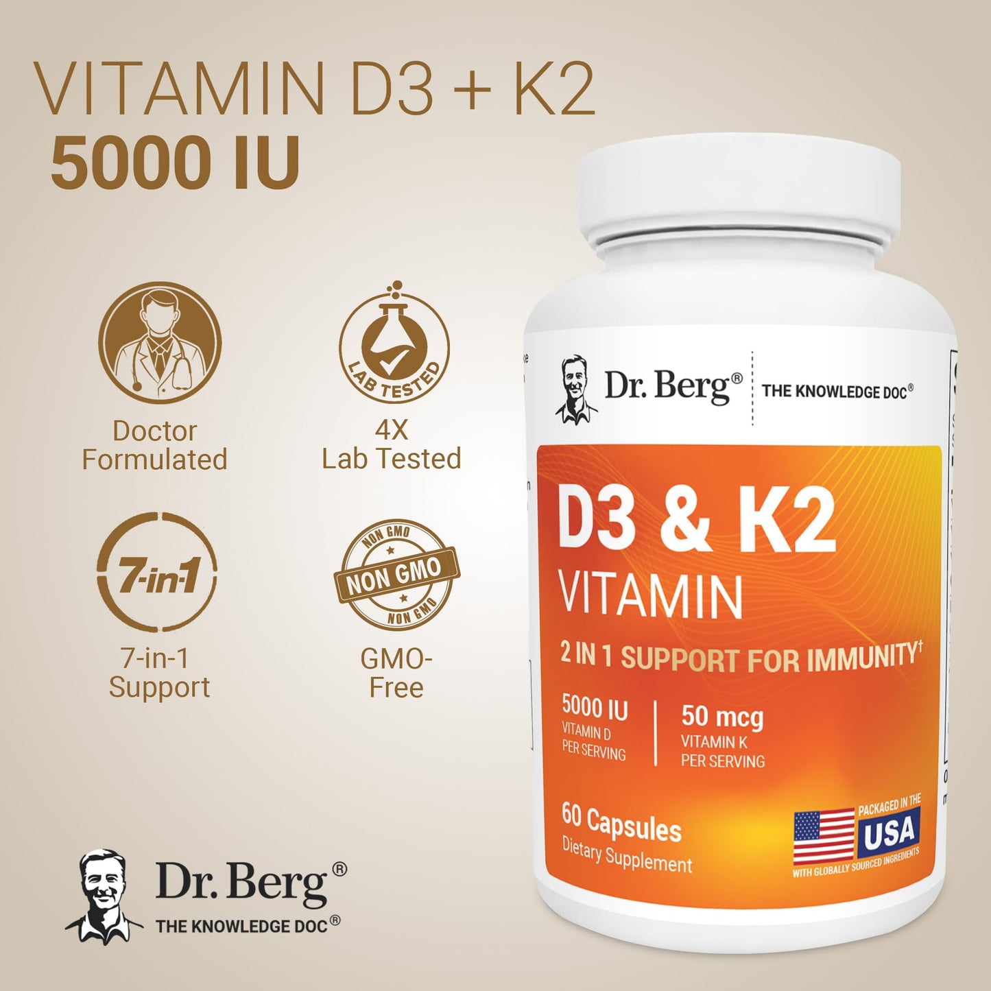 Dr. Berg Vitamin D3 & K2 5,000 IU + MK-7 – 60 Capsules – Immune, Bone & Heart Support* Supplement w/Magnesium, Zinc, B6 – 4X Lab-Tested – No Fillers – Non-GMO, cGMP, Formulated in USA - dailyvitalstore