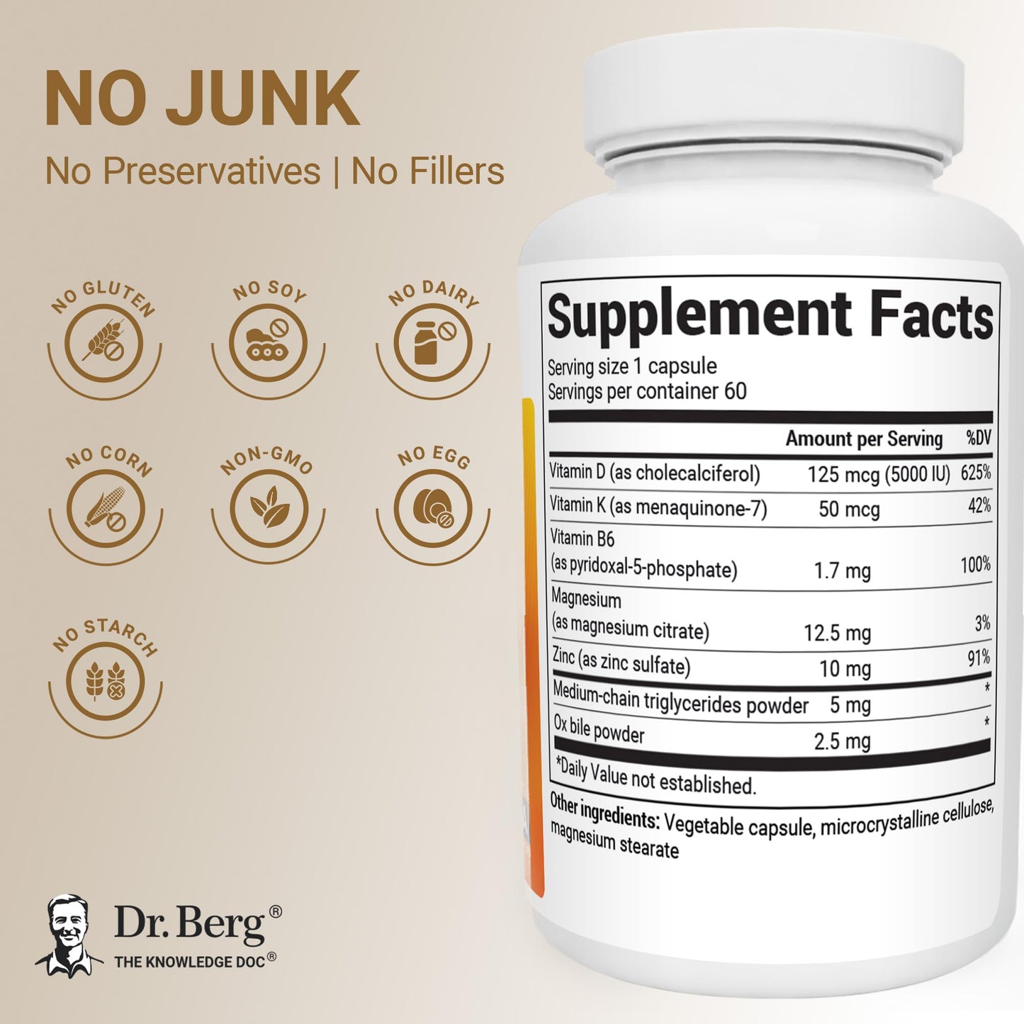 Dr. Berg Vitamin D3 & K2 5,000 IU + MK-7 – 60 Capsules – Immune, Bone & Heart Support* Supplement w/Magnesium, Zinc, B6 – 4X Lab-Tested – No Fillers – Non-GMO, cGMP, Formulated in USA - dailyvitalstore