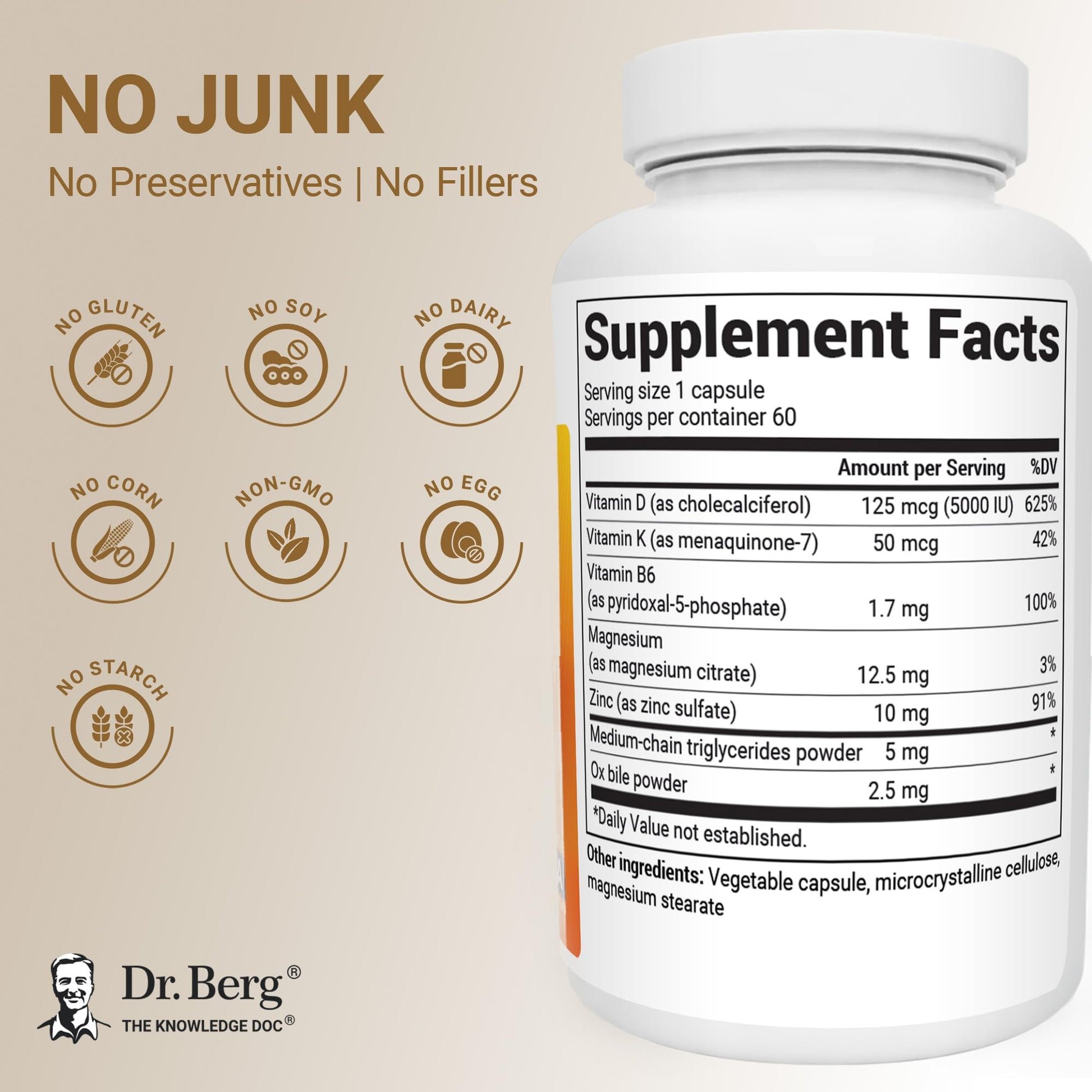 Dr. Berg Vitamin D3 & K2 5,000 IU + MK-7 – 60 Capsules – Immune, Bone & Heart Support* Supplement w/Magnesium, Zinc, B6 – 4X Lab-Tested – No Fillers – Non-GMO, cGMP, Formulated in USA - dailyvitalstore