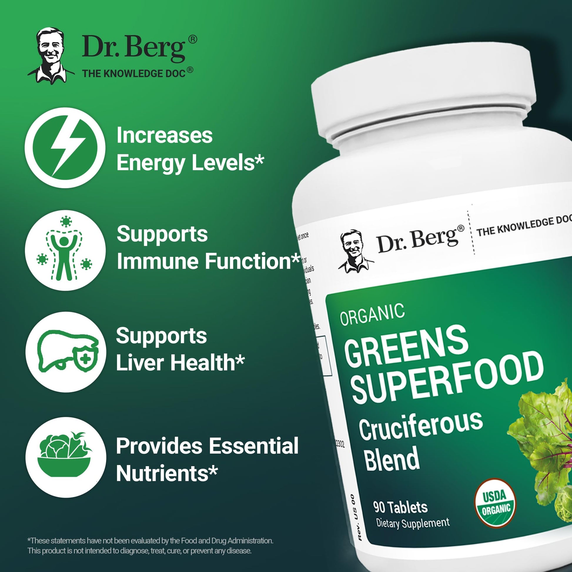 Dr. Berg's Greens Superfood Cruciferous Vegetable Tablets - Vegetable Supplements for Adults w/ 11 Phytonutrient Super Greens - Energy, Immune System & Liver Veggie Tablets - 90 Tablet - dailyvitalstore