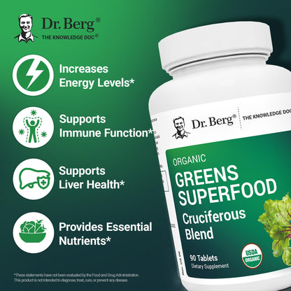 Dr. Berg's Greens Superfood Cruciferous Vegetable Tablets - Vegetable Supplements for Adults w/ 11 Phytonutrient Super Greens - Energy, Immune System & Liver Veggie Tablets - 90 Tablet - dailyvitalstore