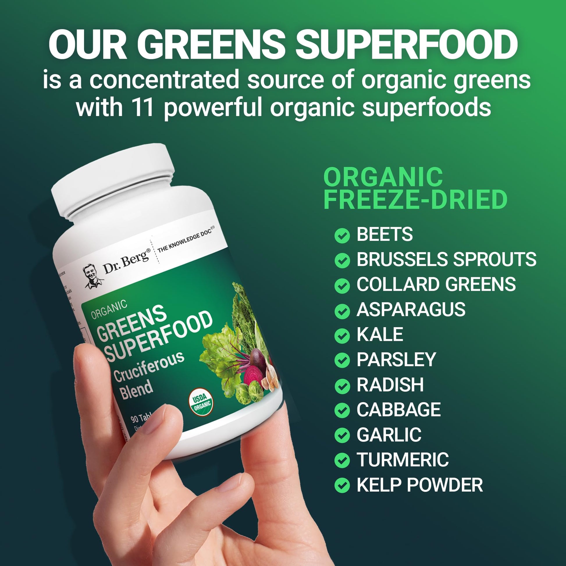 Dr. Berg's Greens Superfood Cruciferous Vegetable Tablets - Vegetable Supplements for Adults w/ 11 Phytonutrient Super Greens - Energy, Immune System & Liver Veggie Tablets - 90 Tablet - dailyvitalstore