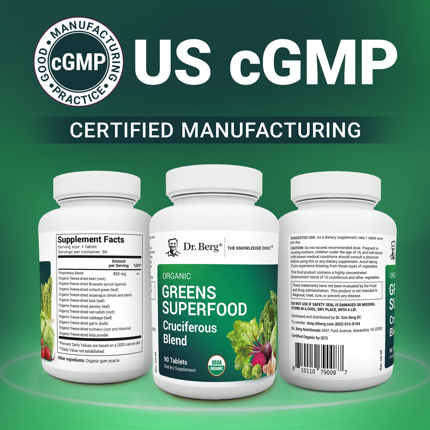 Dr. Berg's Greens Superfood Cruciferous Vegetable Tablets - Vegetable Supplements for Adults w/ 11 Phytonutrient Super Greens - Energy, Immune System & Liver Veggie Tablets - 90 Tablet - dailyvitalstore