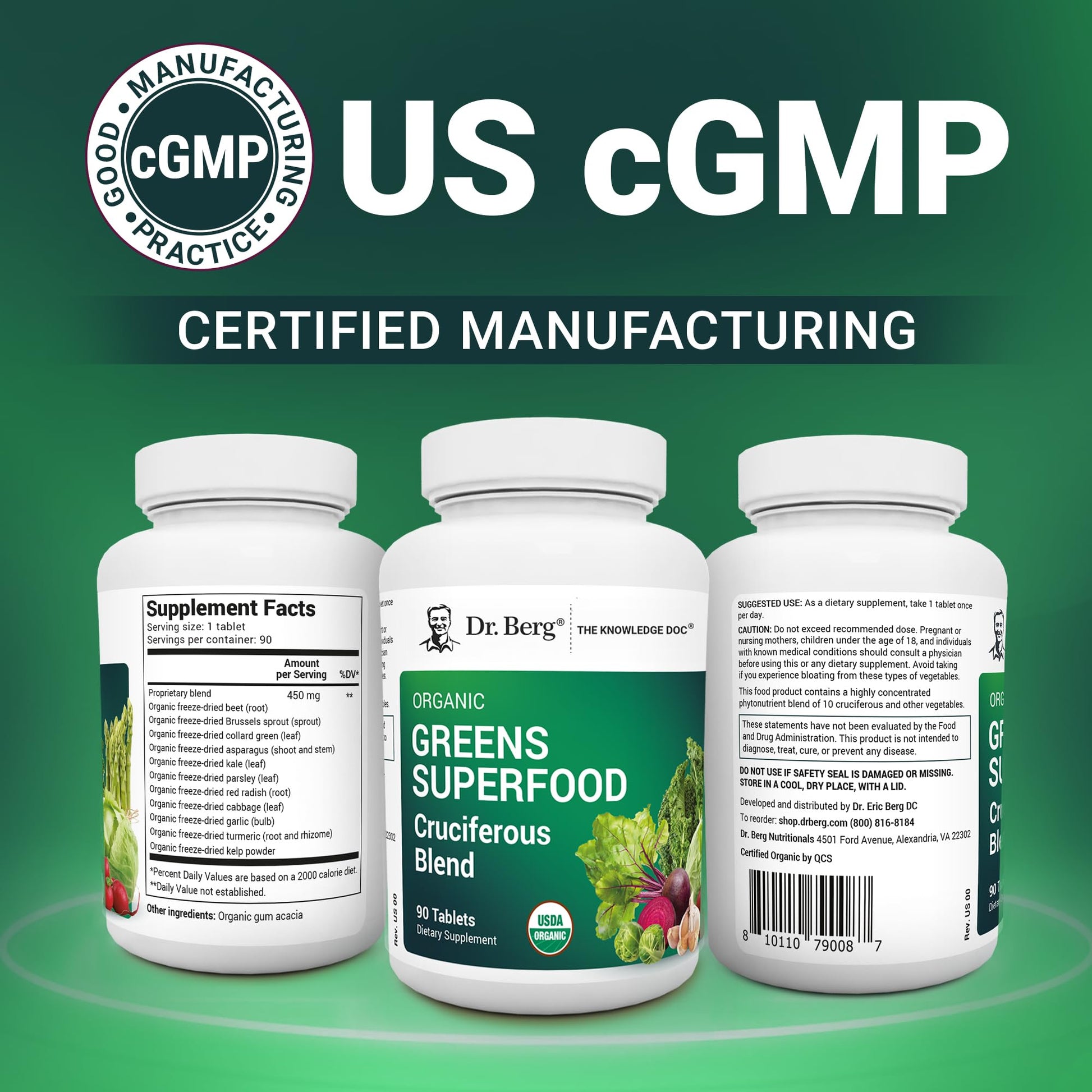 Dr. Berg's Greens Superfood Cruciferous Vegetable Tablets - Vegetable Supplements for Adults w/ 11 Phytonutrient Super Greens - Energy, Immune System & Liver Veggie Tablets - 90 Tablet - dailyvitalstore
