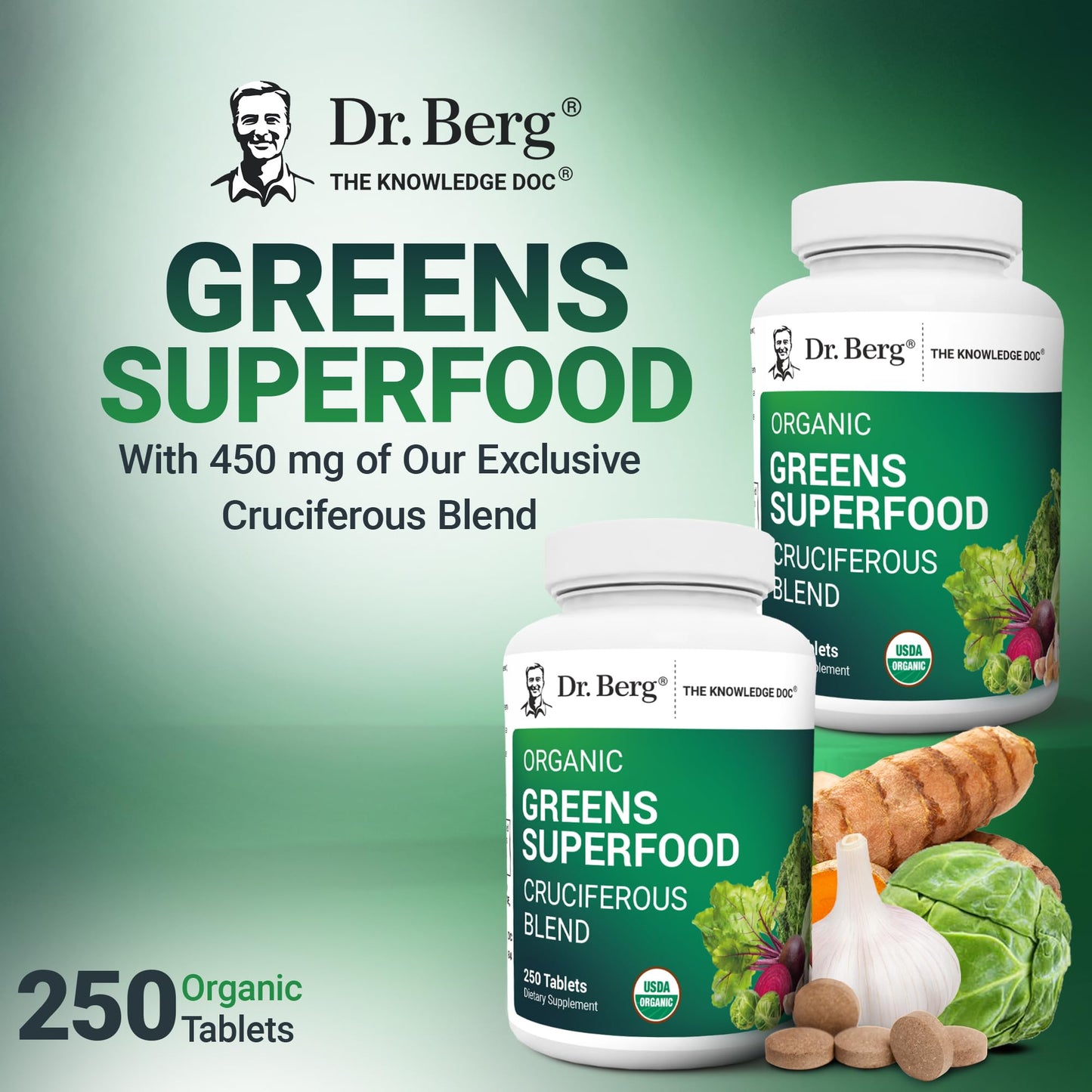 Dr. Berg's Greens Superfood Cruciferous Vegetable Tablets - Vegetable Supplements for Adults w/ 11 Phytonutrient Super Greens Tablets - Energy, Immune System & Liver Veggie Tablets - 250 Tablets - dailyvitalstore