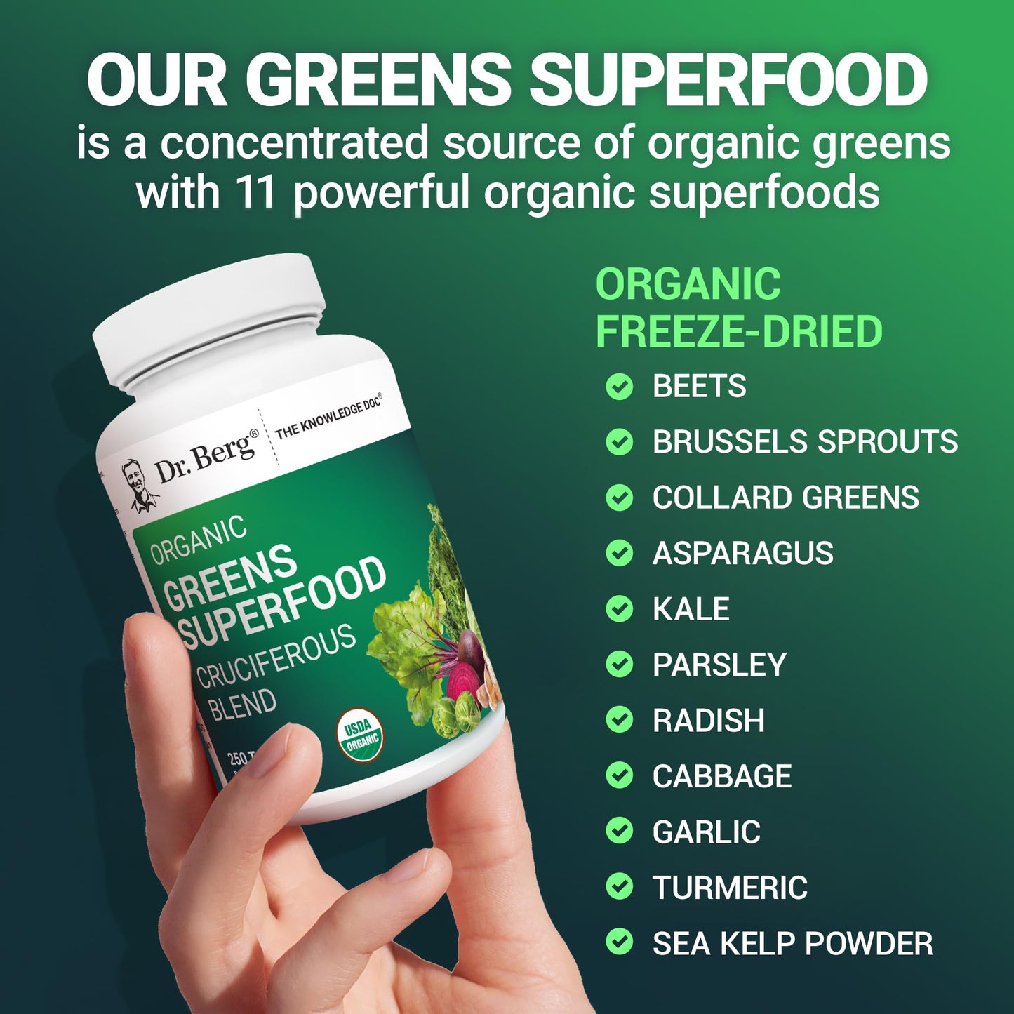 Dr. Berg's Greens Superfood Cruciferous Vegetable Tablets - Vegetable Supplements for Adults w/ 11 Phytonutrient Super Greens Tablets - Energy, Immune System & Liver Veggie Tablets - 250 Tablets - dailyvitalstore