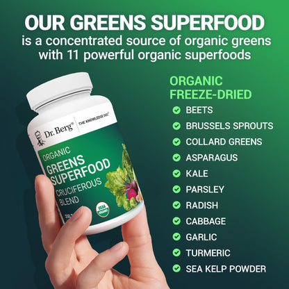 Dr. Berg's Greens Superfood Cruciferous Vegetable Tablets - Vegetable Supplements for Adults w/ 11 Phytonutrient Super Greens Tablets - Energy, Immune System & Liver Veggie Tablets - 250 Tablets - dailyvitalstore