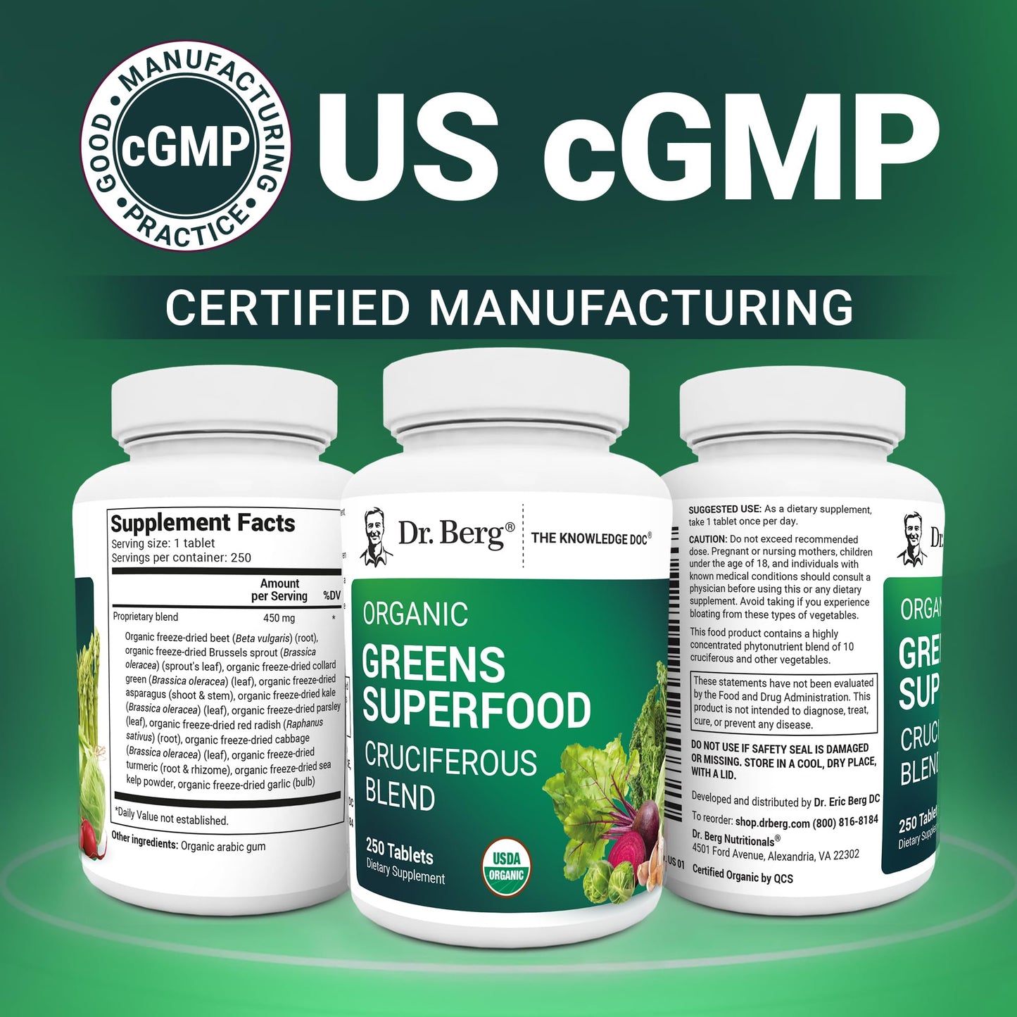 Dr. Berg's Greens Superfood Cruciferous Vegetable Tablets - Vegetable Supplements for Adults w/ 11 Phytonutrient Super Greens Tablets - Energy, Immune System & Liver Veggie Tablets - 250 Tablets - dailyvitalstore