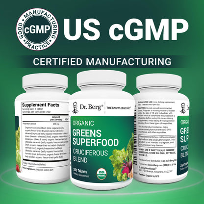 Dr. Berg's Greens Superfood Cruciferous Vegetable Tablets - Vegetable Supplements for Adults w/ 11 Phytonutrient Super Greens Tablets - Energy, Immune System & Liver Veggie Tablets - 250 Tablets - dailyvitalstore