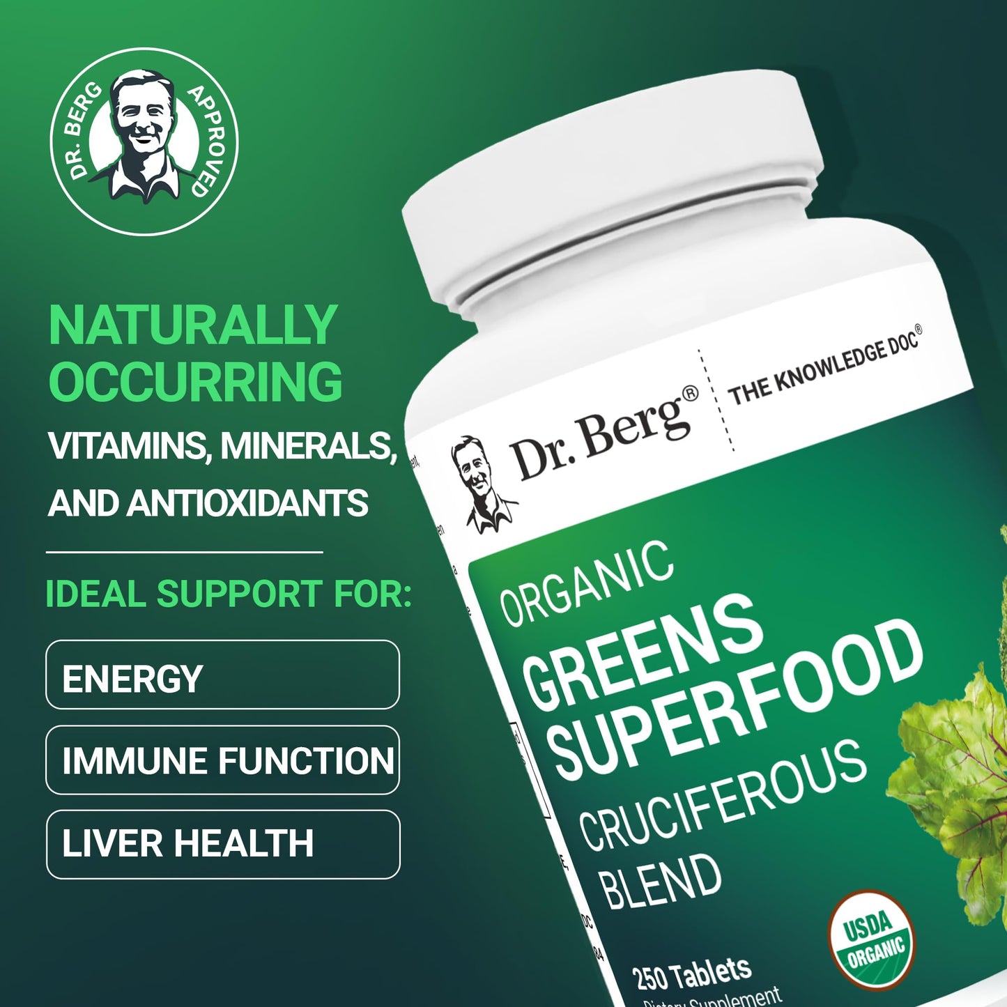 Dr. Berg's Greens Superfood Cruciferous Vegetable Tablets - Vegetable Supplements for Adults w/ 11 Phytonutrient Super Greens Tablets - Energy, Immune System & Liver Veggie Tablets - 250 Tablets - dailyvitalstore
