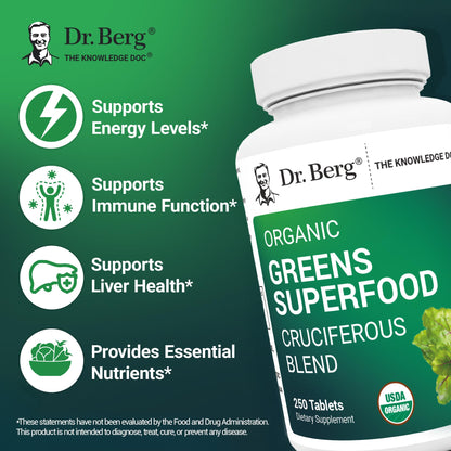 Dr. Berg's Greens Superfood Cruciferous Vegetable Tablets - Vegetable Supplements for Adults w/ 11 Phytonutrient Super Greens Tablets - Energy, Immune System & Liver Veggie Tablets - 250 Tablets - dailyvitalstore