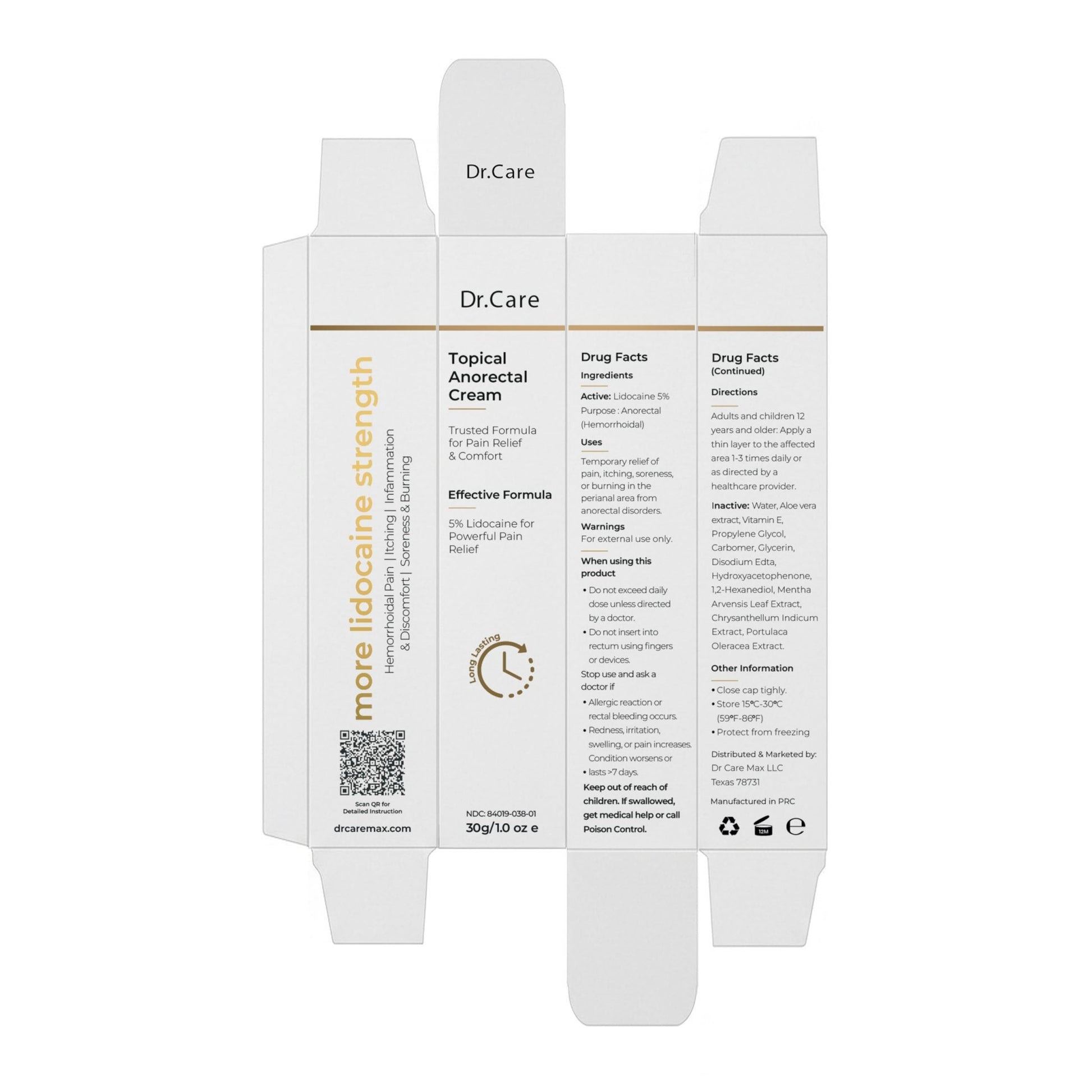 Dr Care Anorectal Cream with 5% Lidocaine - Maximum Strength Topical Anesthetic for Hemorrhoid Relief, Itching, & Burning (1.0 oz) - dailyvitalstore