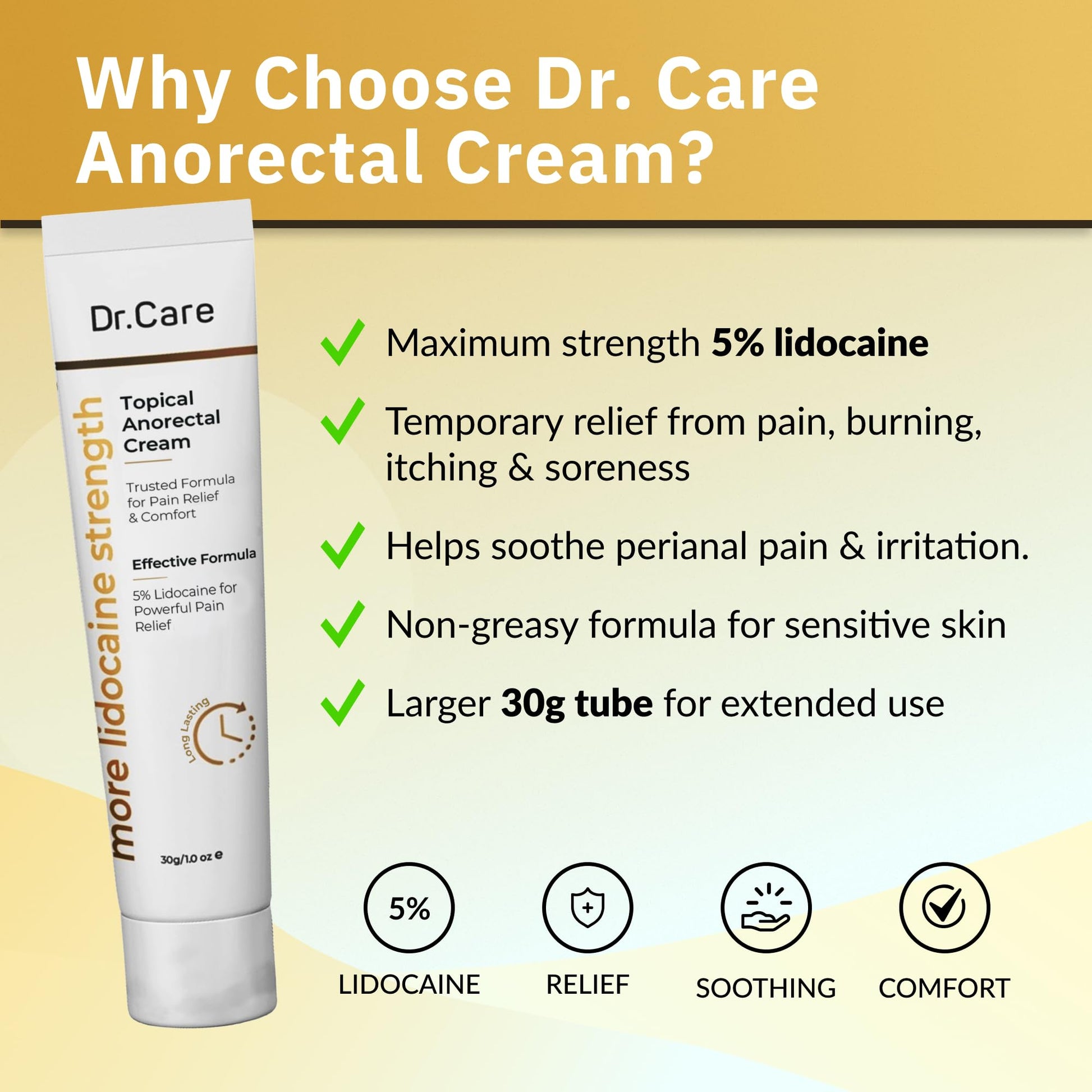 Dr Care Anorectal Cream with 5% Lidocaine - Maximum Strength Topical Anesthetic for Hemorrhoid Relief, Itching, & Burning (1.0 oz) - dailyvitalstore