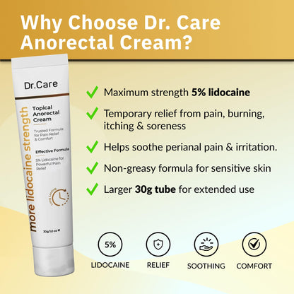Dr Care Anorectal Cream with 5% Lidocaine - Maximum Strength Topical Anesthetic for Hemorrhoid Relief, Itching, & Burning (1.0 oz) - dailyvitalstore