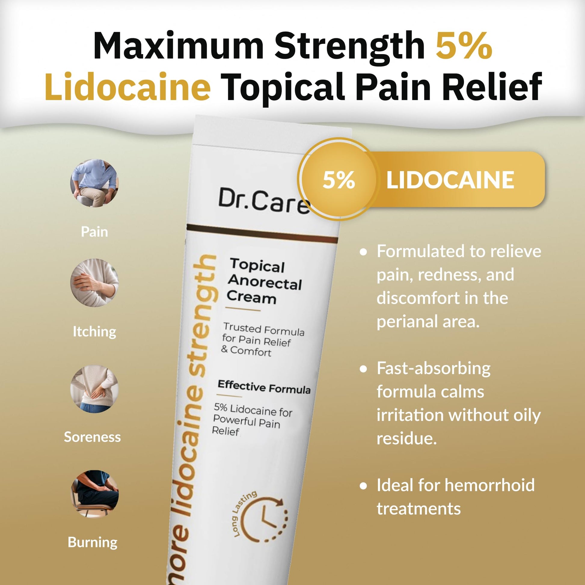 Dr Care Anorectal Cream with 5% Lidocaine - Maximum Strength Topical Anesthetic for Hemorrhoid Relief, Itching, & Burning (1.0 oz) - dailyvitalstore