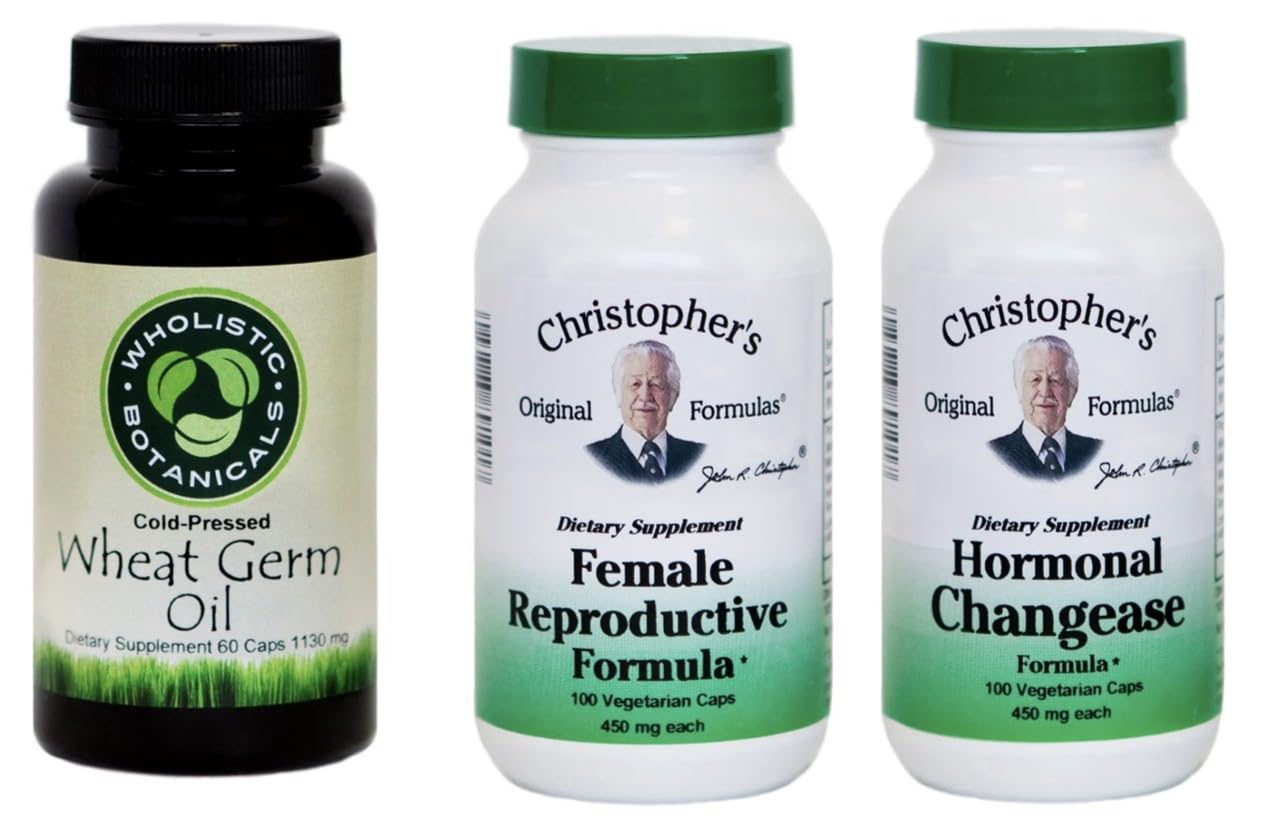 Dr. Christopher’s Female Health Bundle | Female Reproductive, Hormonal Changease & Wheat Germ Oil | 3-Bottle Herbal Support Pack | 100 Veg Capsules Each | USDA Organic Dietary Supplements - dailyvitalstore