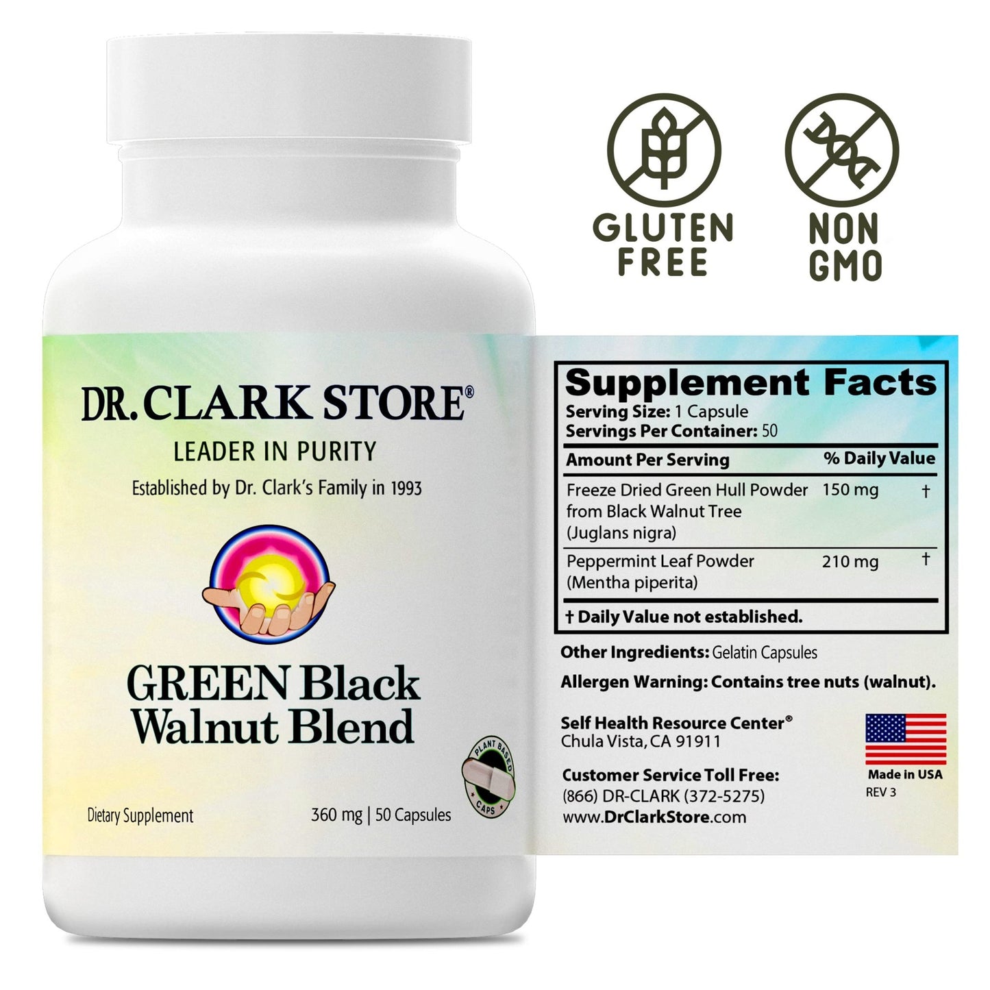 Dr Clark Green Black Walnut Blend - Freeze Dried Hull Dietary Supplement, Extra Strength Formula from All Natural Walnuts, Supports Healthy Intestinal Environment, 360mg, 50 Gelatin Capsules - dailyvitalstore