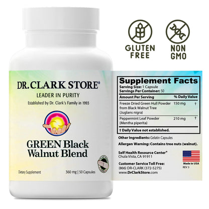 Dr Clark Green Black Walnut Blend - Freeze Dried Hull Dietary Supplement, Extra Strength Formula from All Natural Walnuts, Supports Healthy Intestinal Environment, 360mg, 50 Gelatin Capsules - dailyvitalstore