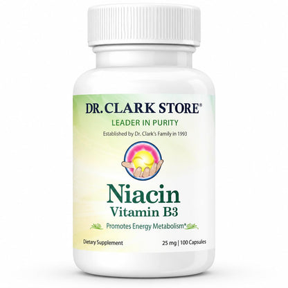 Dr Clark Niacin (Vitamin B3) Supplement – 25mg, 100 Gelatin Capsules, Supports Circulation & Healthy Cholesterol Levels - dailyvitalstore