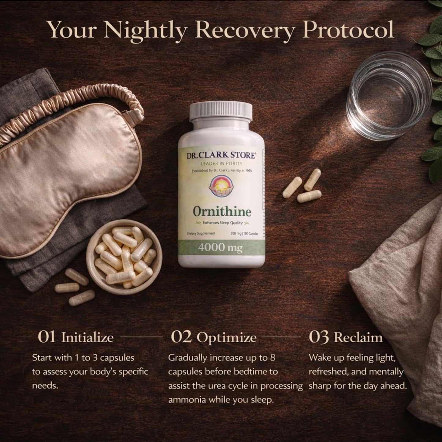 Dr Clark Ornithine Dietary Supplement - Gluten Free, Natural Sleep Aid, Promotes Protein Metabolism, Cleansing and Detoxification, 500mg, 100 Gelatin Capsules - dailyvitalstore