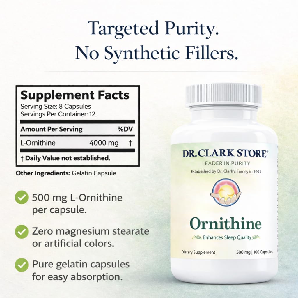 Dr Clark Ornithine Dietary Supplement - Gluten Free, Natural Sleep Aid, Promotes Protein Metabolism, Cleansing and Detoxification, 500mg, 100 Gelatin Capsules - dailyvitalstore