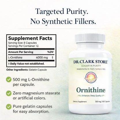 Dr Clark Ornithine Dietary Supplement - Gluten Free, Natural Sleep Aid, Promotes Protein Metabolism, Cleansing and Detoxification, 500mg, 100 Gelatin Capsules - dailyvitalstore