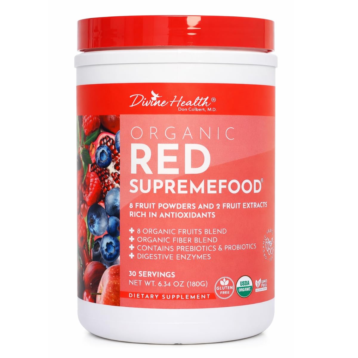 Dr. Colbert, MD Organic Red Supremefood | Berry Flavored Blend | by Divine Health | 10 Organic Fruits | Probiotics | Enzymes | Herbs | Fiber | Antioxidants | Non-GMO | 30 Day Supply | 180g - dailyvitalstore
