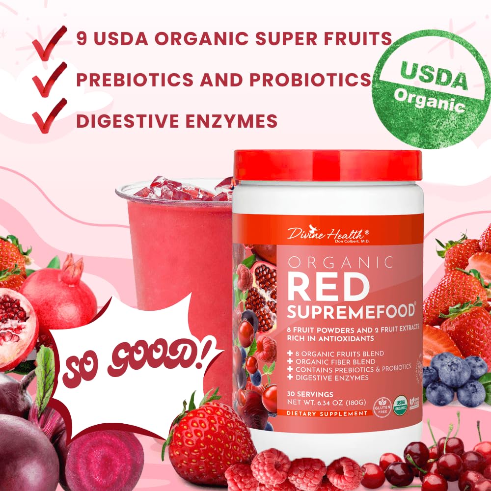 Dr. Colbert, MD Organic Red Supremefood | Berry Flavored Blend | by Divine Health | 10 Organic Fruits | Probiotics | Enzymes | Herbs | Fiber | Antioxidants | Non-GMO | 30 Day Supply | 180g - dailyvitalstore