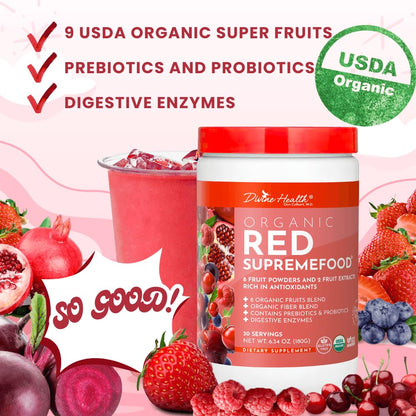 Dr. Colbert, MD Organic Red Supremefood | Berry Flavored Blend | by Divine Health | 10 Organic Fruits | Probiotics | Enzymes | Herbs | Fiber | Antioxidants | Non-GMO | 30 Day Supply | 180g - dailyvitalstore