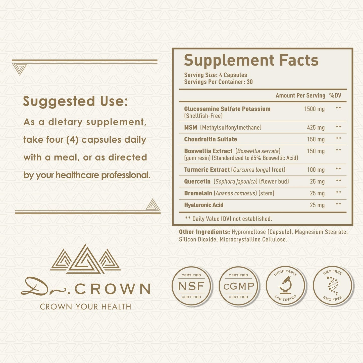 DR. CROWN Joints Health Suppplement, Glucosamine Chondroitin MSM - Joint Support Supplement for Women and Men with Turmeric, MSM &Boswellia, for Cartilage, Joint Health and Flexibility - 120 Capsules - dailyvitalstore