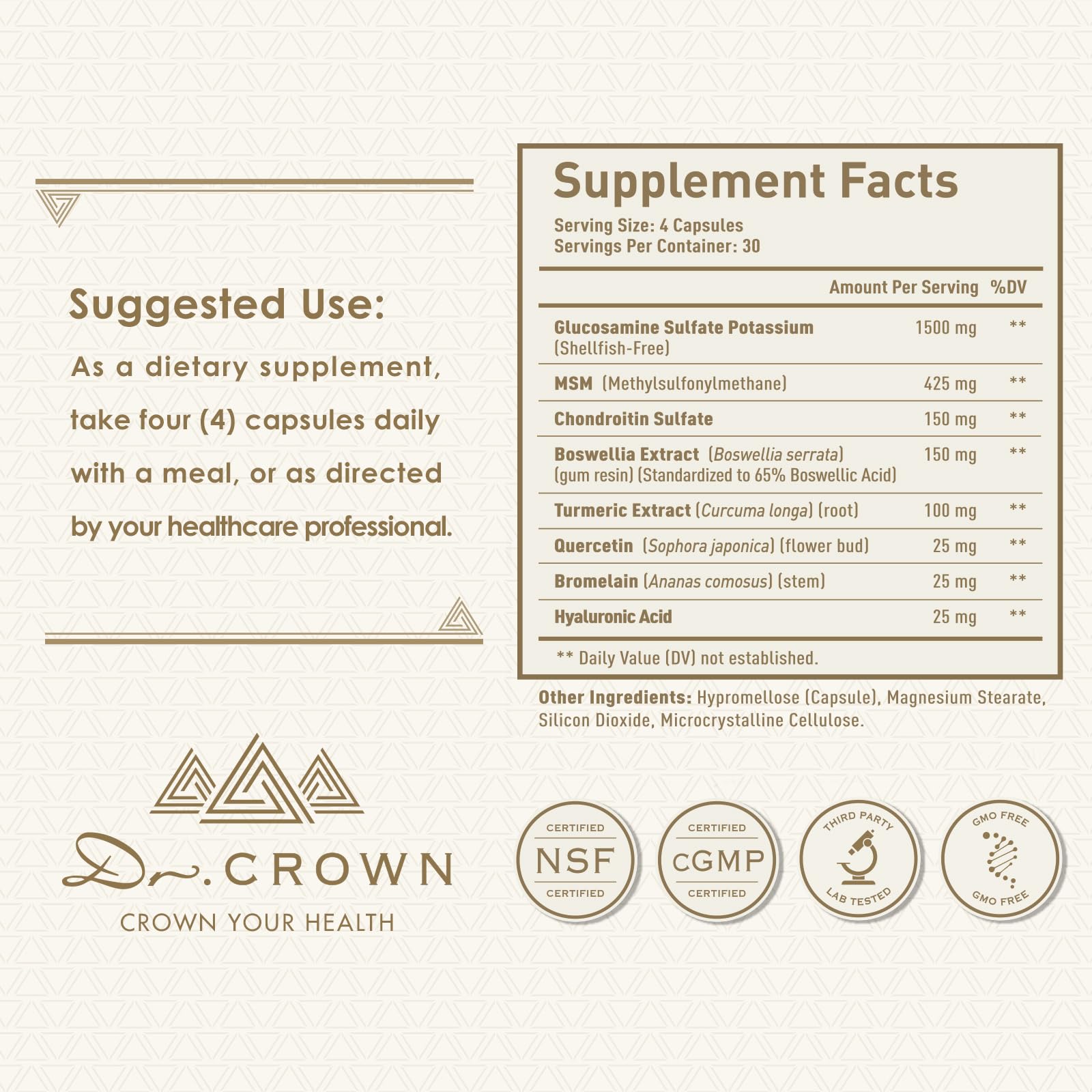 DR. CROWN Joints Health Suppplement, Glucosamine Chondroitin MSM - Joint Support Supplement for Women and Men with Turmeric, MSM &Boswellia, for Cartilage, Joint Health and Flexibility - 120 Capsules - dailyvitalstore