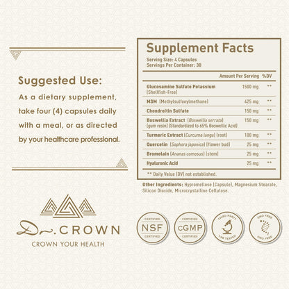 DR. CROWN Joints Health Suppplement, Glucosamine Chondroitin MSM - Joint Support Supplement for Women and Men with Turmeric, MSM &Boswellia, for Cartilage, Joint Health and Flexibility - 120 Capsules - dailyvitalstore