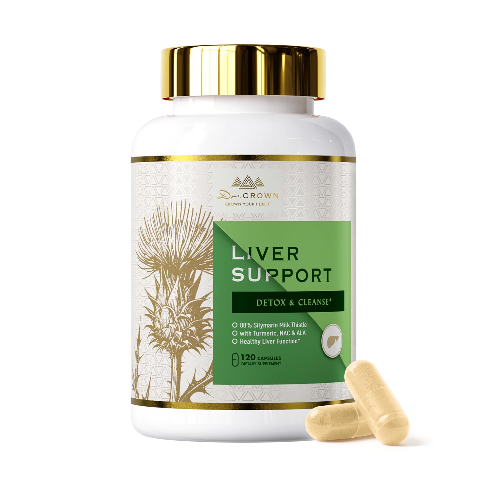 DR. Crown Liver Cleanse Detox & Repair - Milk Thistle Supplement, with Silymarin, N-Acetyl Cysteine(NAC), Artichoke, Turmeric & Dandelion for Liver Detox, Cleanse, Gluten Free, Non-GMO - 120 Capsules - dailyvitalstore