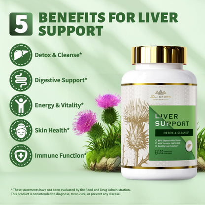 DR. Crown Liver Cleanse Detox & Repair - Milk Thistle Supplement, with Silymarin, N-Acetyl Cysteine(NAC), Artichoke, Turmeric & Dandelion for Liver Detox, Cleanse, Gluten Free, Non-GMO - 120 Capsules - dailyvitalstore