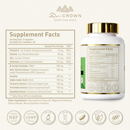 DR. Crown Liver Cleanse Detox & Repair - Milk Thistle Supplement, with Silymarin, N-Acetyl Cysteine(NAC), Artichoke, Turmeric & Dandelion for Liver Detox, Cleanse, Gluten Free, Non-GMO - 120 Capsules - dailyvitalstore