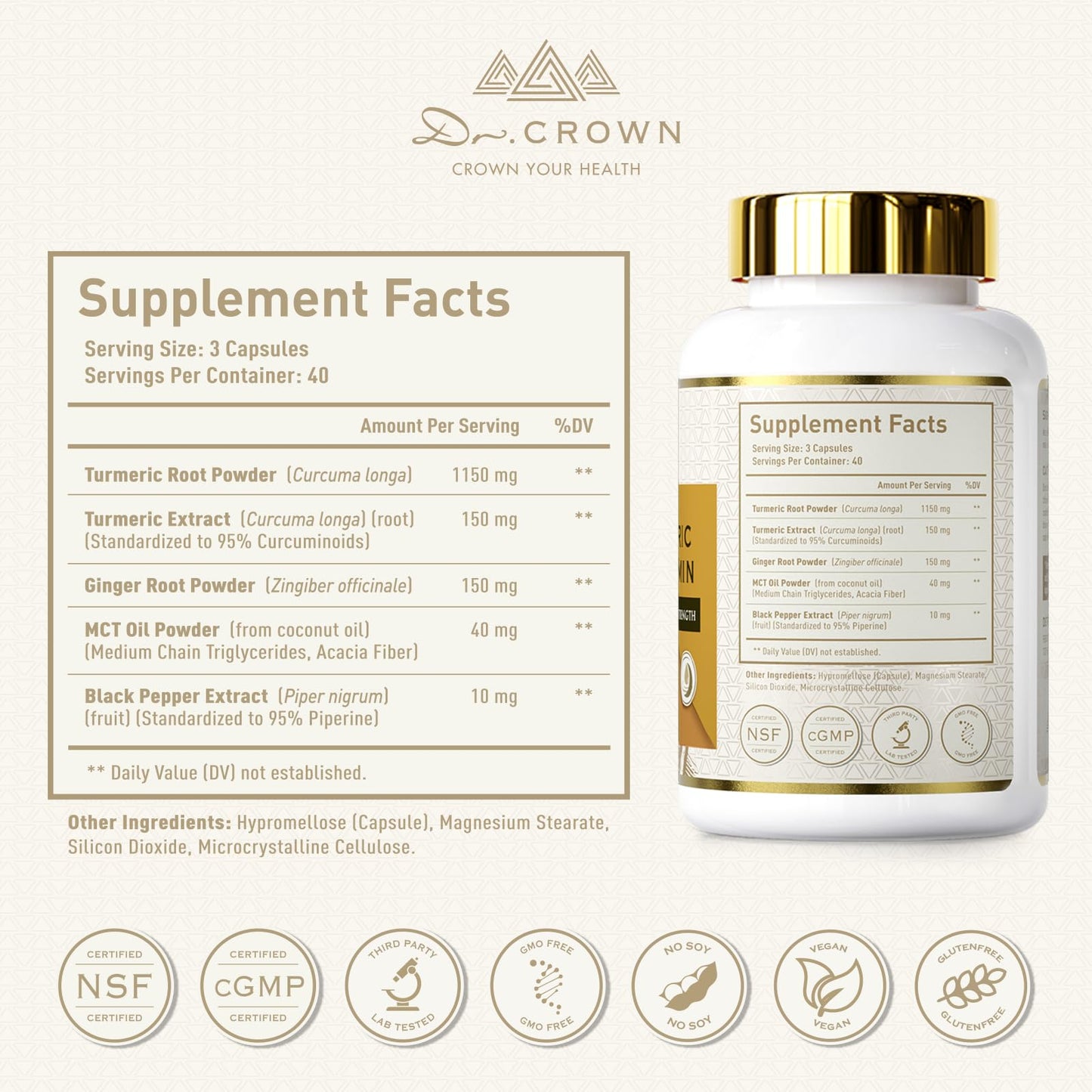 DR. Crown Turmeric Curcumin Supplement 1,500mg, 95% Standardized Curcuminoid with Ginger, MCT Oil, & Black Pepper for Better Absorption, for Antioxidant & Joint Support, 120 Capsules - dailyvitalstore