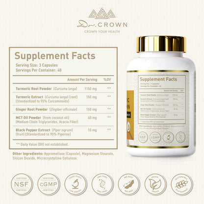 DR. Crown Turmeric Curcumin Supplement 1,500mg, 95% Standardized Curcuminoid with Ginger, MCT Oil, & Black Pepper for Better Absorption, for Antioxidant & Joint Support, 120 Capsules - dailyvitalstore