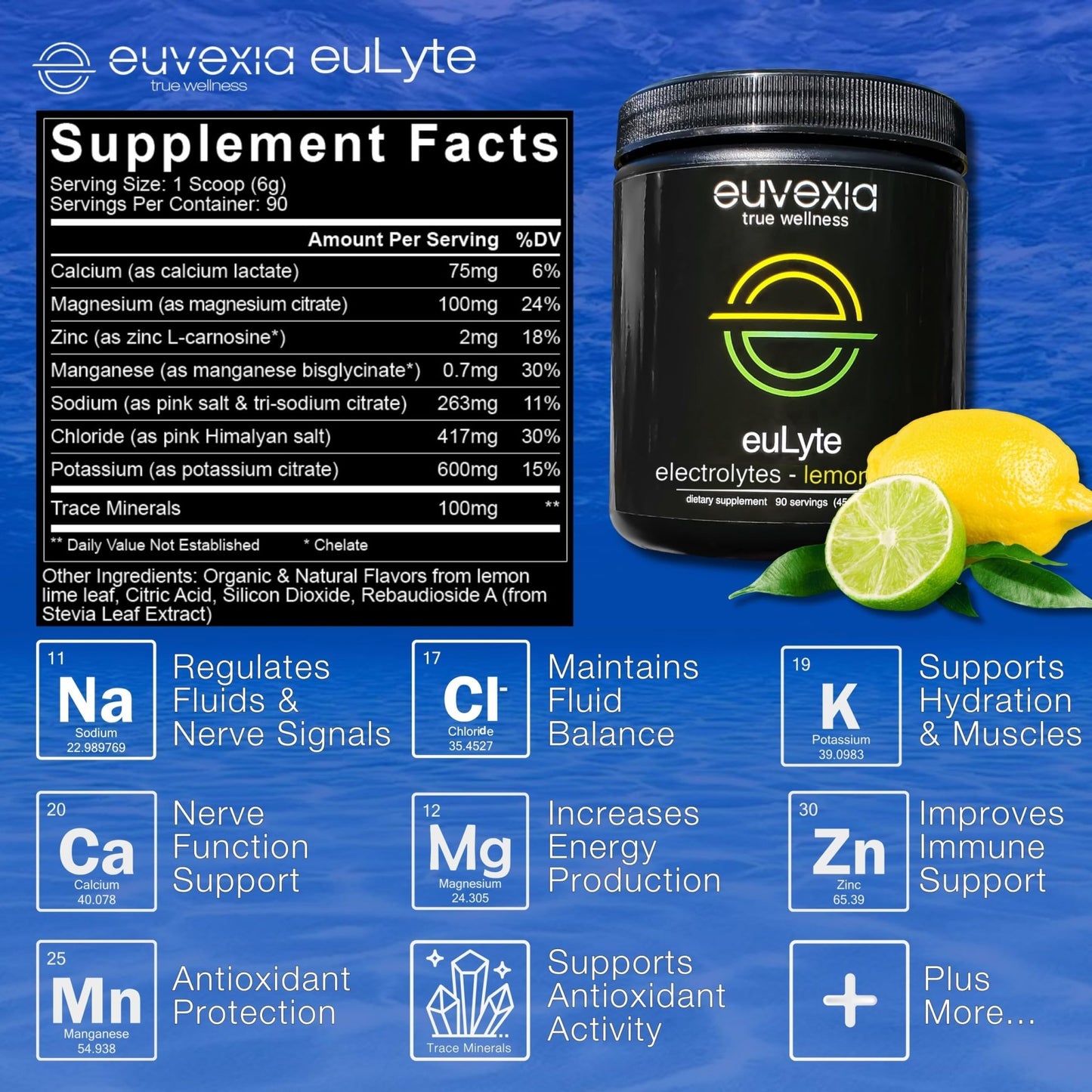 Dr Ekberg euLyte Instant Hydration Electrolytes Powder Zero Sugar Carb Calorie Lemon Lime Drink Mix • 80+ Minerals Magnesium Potassium Calcium Trace Minerals - dailyvitalstore