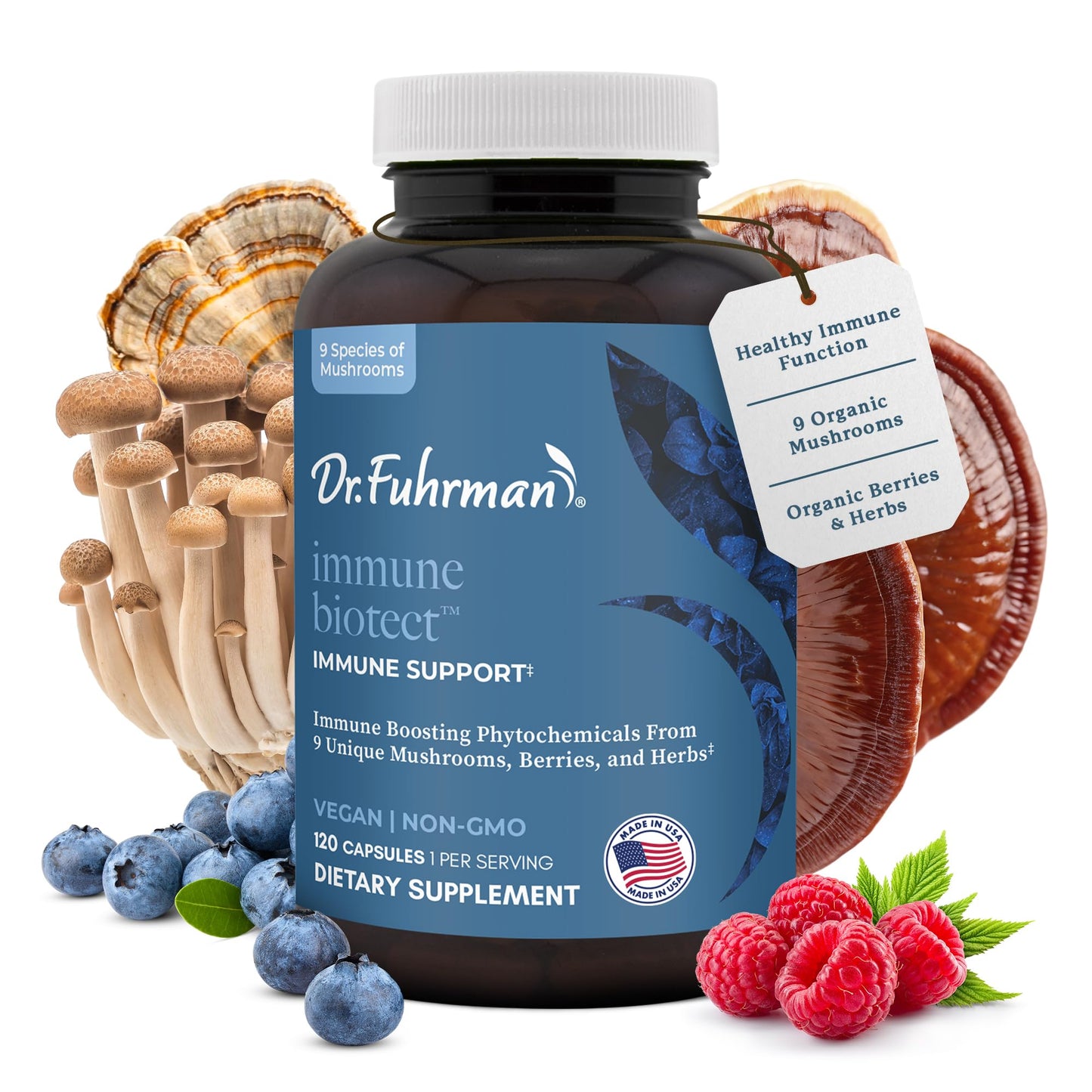 Dr. Fuhrman All Natural Immune Support Supplement | Whole-Food Derived Vitamin for Immunity Defense | Organic Mushrooms, & Berries | Organic Lion’s Mane, Maitake, Reishi, and Elderberry | 120 Caps - dailyvitalstore