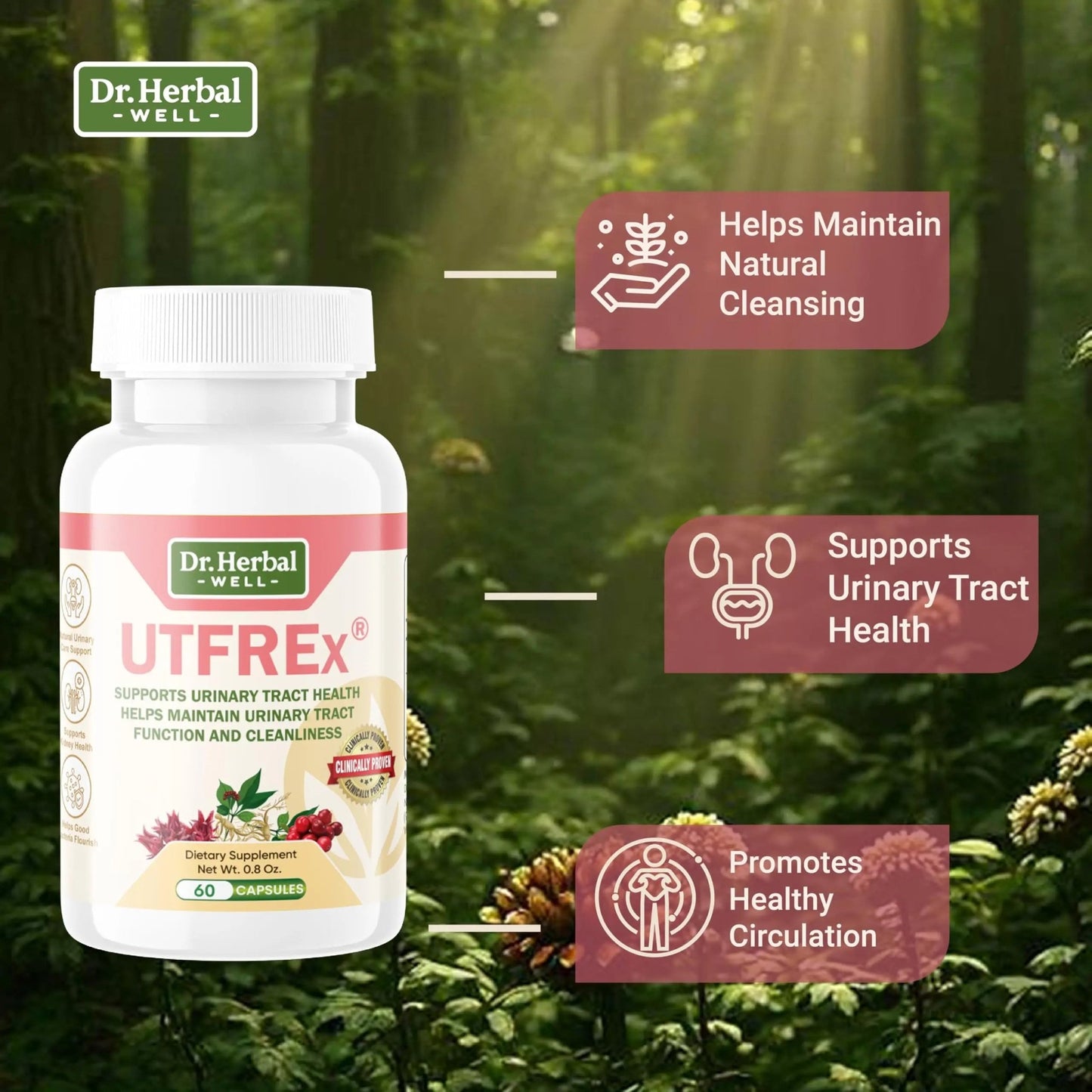 DR. HERBAL WELL UTFREX Clinically Proven Urinary Tract UTI Health Supplement Natural Support Cleanse Flush Protect (No Probiotics & D-Mannose) – 60 Capsules - dailyvitalstore