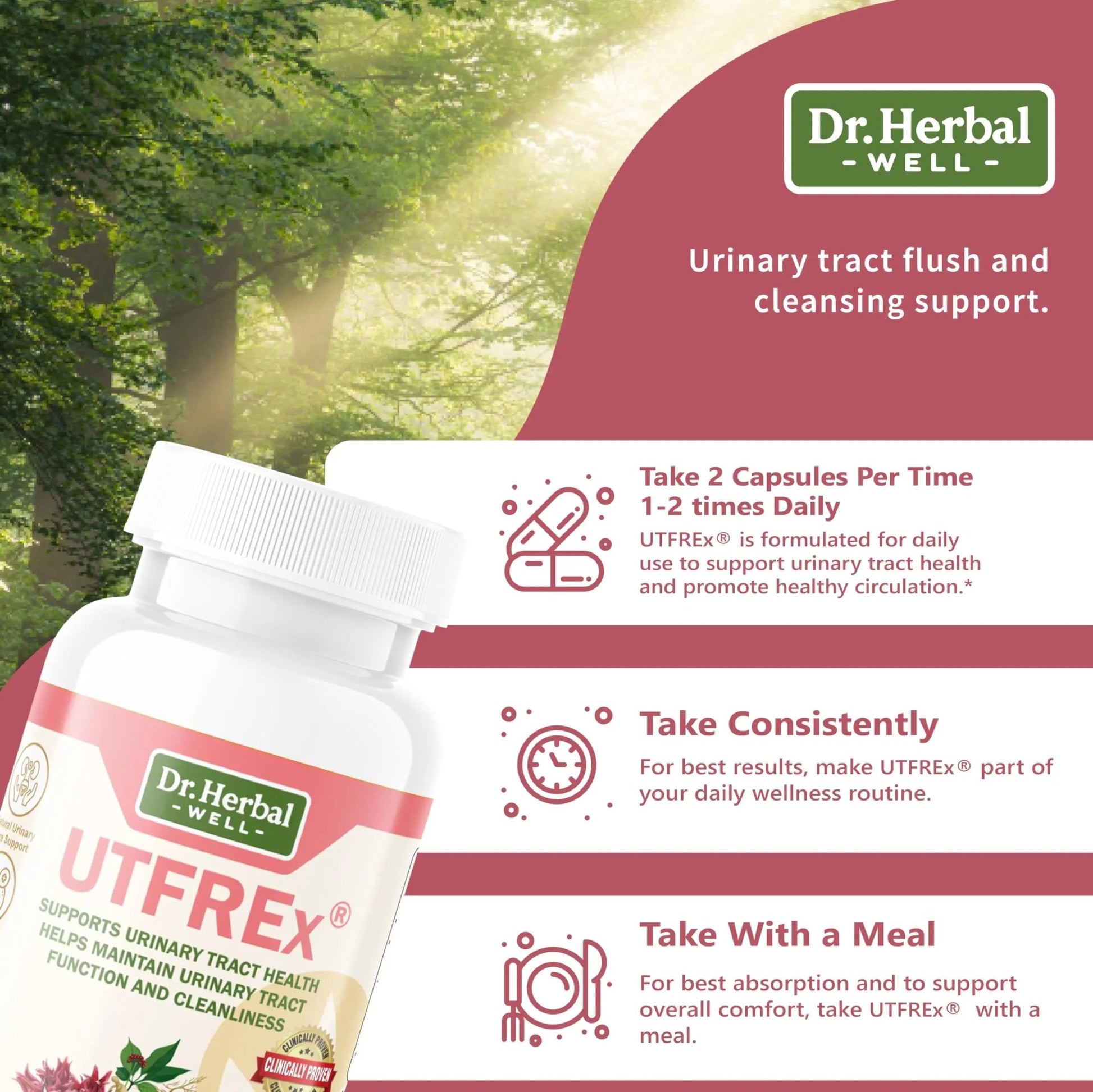 DR. HERBAL WELL UTFREX Clinically Proven Urinary Tract UTI Health Supplement Natural Support Cleanse Flush Protect (No Probiotics & D-Mannose) – 60 Capsules - dailyvitalstore