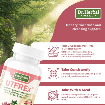 DR. HERBAL WELL UTFREX Clinically Proven Urinary Tract UTI Health Supplement Natural Support Cleanse Flush Protect (No Probiotics & D-Mannose) – 60 Capsules - dailyvitalstore