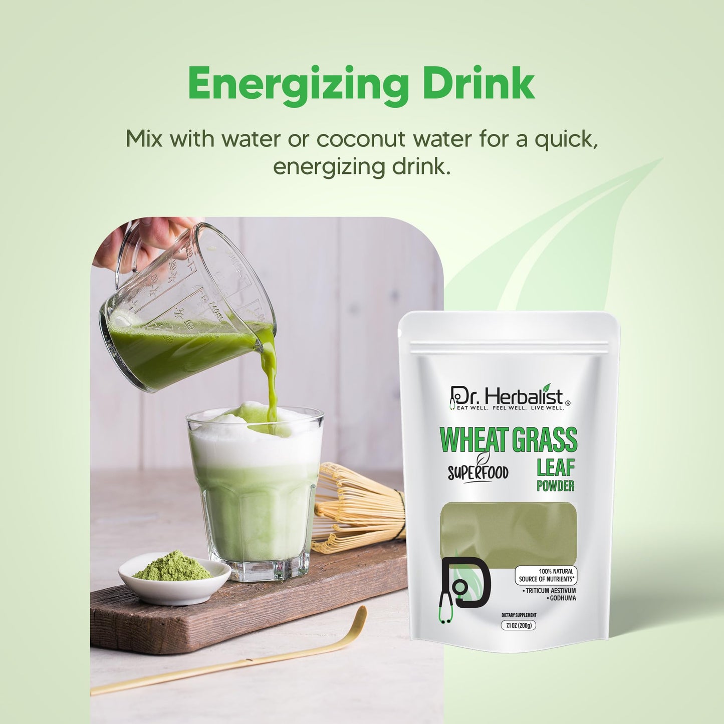 Dr. HERBALIST Wheatgrass Powder 200g - Pure Triticum Aestivum with Chlorophyll Iron & Vitamins A C E | Supports Daily Greens Detox & Nutrient Density* | Halal - dailyvitalstore