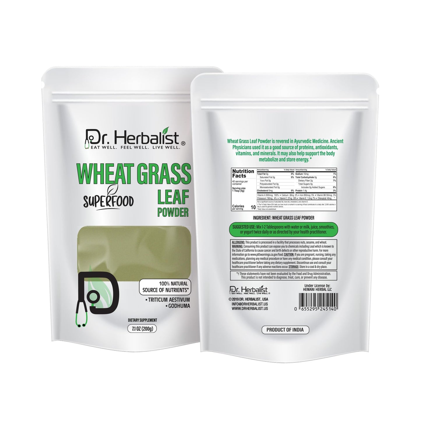 Dr. HERBALIST Wheatgrass Powder 200g - Pure Triticum Aestivum with Chlorophyll Iron & Vitamins A C E | Supports Daily Greens Detox & Nutrient Density* | Halal - dailyvitalstore