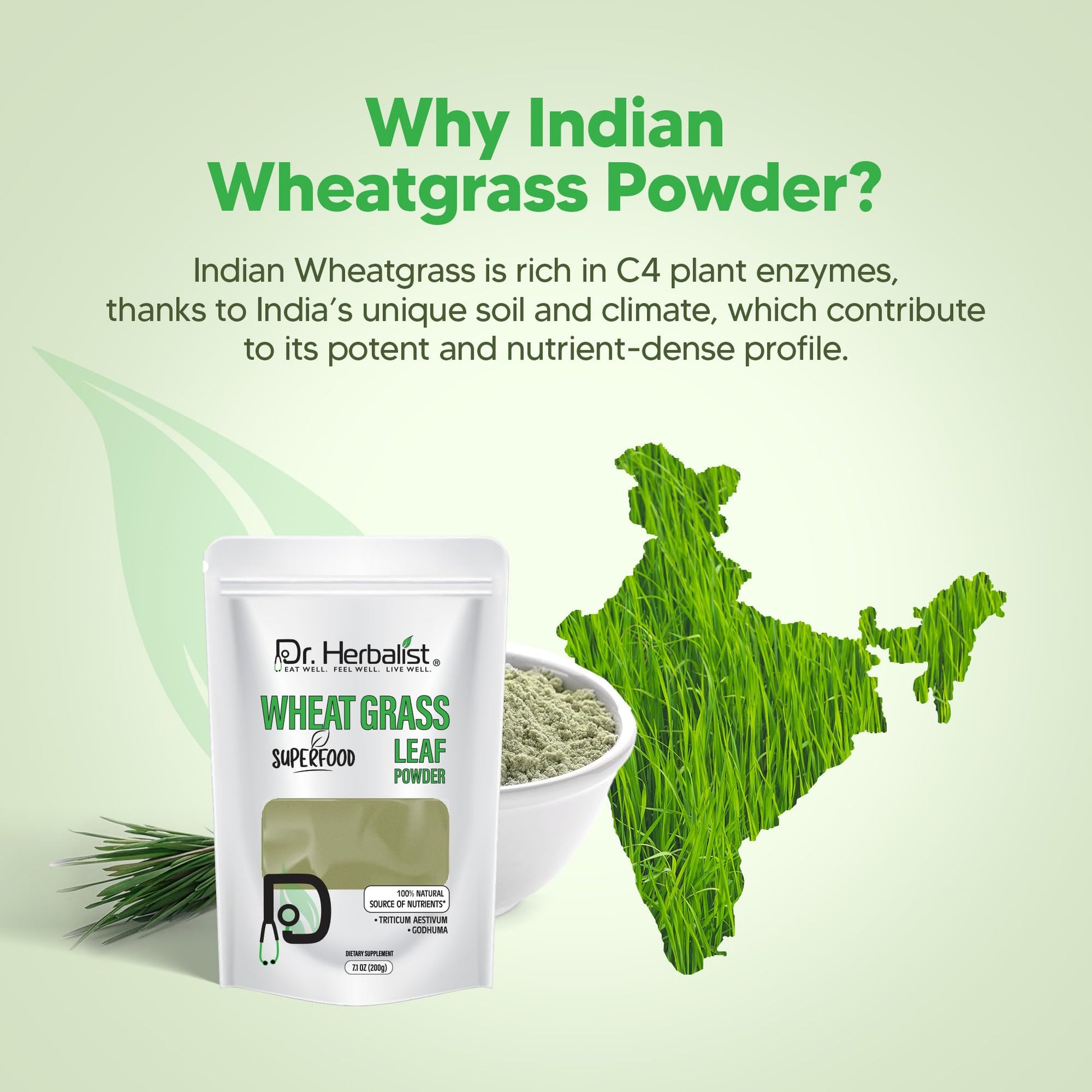 Dr. HERBALIST Wheatgrass Powder 200g - Pure Triticum Aestivum with Chlorophyll Iron & Vitamins A C E | Supports Daily Greens Detox & Nutrient Density* | Halal - dailyvitalstore