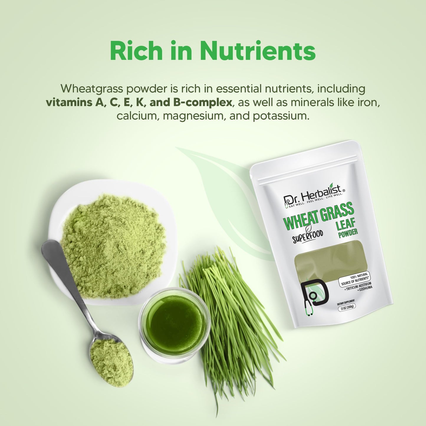 Dr. HERBALIST Wheatgrass Powder 200g - Pure Triticum Aestivum with Chlorophyll Iron & Vitamins A C E | Supports Daily Greens Detox & Nutrient Density* | Halal - dailyvitalstore