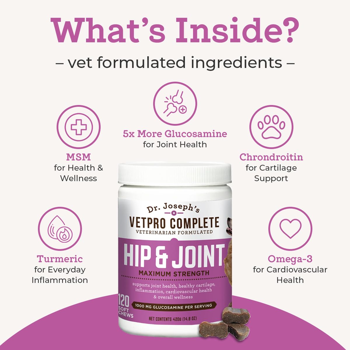 Dr. Joseph's VetPro Complete Dog Hip & Joint Supplement for Arthritis Pain Relief – High-Strength Glucosamine & Chondroitin Chews for Senior Dogs – Vet Formulated Daily Treats, Chicken Flavor, 60 Ct - dailyvitalstore