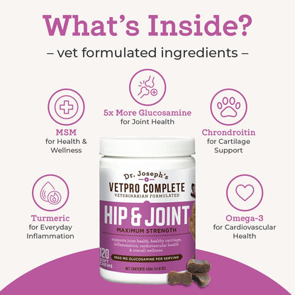 Dr. Joseph's VetPro Complete Dog Hip & Joint Supplement for Arthritis Pain Relief – High-Strength Glucosamine & Chondroitin Chews for Senior Dogs – Vet Formulated Daily Treats, Chicken Flavor, 60 Ct - dailyvitalstore