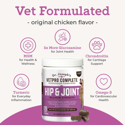 Dr. Joseph's VetPro Complete Dog Hip & Joint Supplement for Arthritis Pain Relief – High-Strength Glucosamine & Chondroitin Chews for Senior Dogs – Vet Formulated Daily Treats, Chicken Flavor, 120 Ct - dailyvitalstore