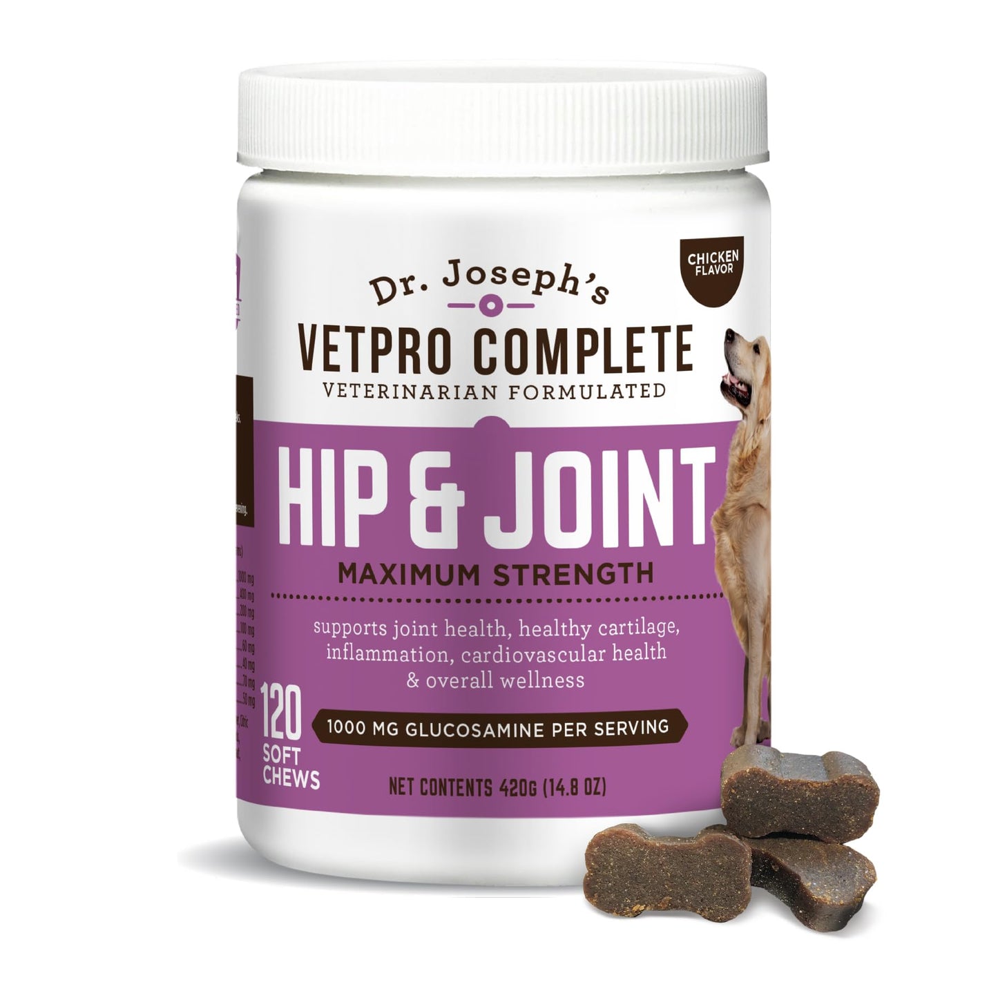 Dr. Joseph's VetPro Complete Dog Hip & Joint Supplement for Arthritis Pain Relief – High-Strength Glucosamine & Chondroitin Chews for Senior Dogs – Vet Formulated Daily Treats, Chicken Flavor, 120 Ct - dailyvitalstore